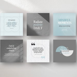 May include: Six square cards with motivational quotes in a minimalist design. The cards feature phrases like "Life inspiration," "Radiate positivity DAILY," and "Mindful Moments." Each card has a unique color scheme and font.