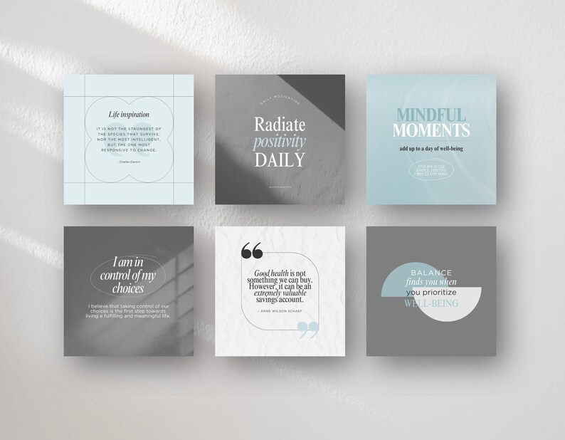 May include: Six square cards with motivational quotes in a minimalist design. The cards feature phrases like "Life inspiration," "Radiate positivity DAILY," and "Mindful Moments." Each card has a unique color scheme and font.
