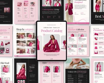 Modèle de catalogue de produits Canva, fiche produit pour grossistes, lookbook mode, liste de prix boutique, brochure esthétique rose, petite entreprise