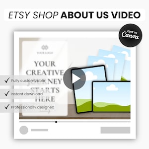 May include: A video preview for an Etsy shop about us video template. The video features a white background with the text "Your Creative Journey Starts Here" and a play button. The video is customizable and includes instant download. The video is professionally designed.