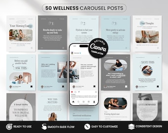 Peut inclure: Un produit numérique présentant 50 publications de carrousel sur le bien-être. Les publications présentent une palette de couleurs bleu clair et grise avec du texte et des images liées à la santé et au bien-être. La conception comprend une maquette de smartphone et des modèles Canva.