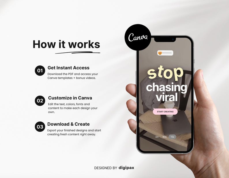 Puede incluir: Una gu&iacute;a de producto digital titulada How it works con tres pasos: Get Instant Access, Customize in Canva y Download & Create. Un smartphone muestra una plantilla de redes sociales con el texto stop chasing viral y un bot&oacute;n START CREATING.