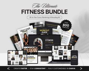 Peut inclure: Image promotionnelle pour un pack de fitness. Le texte indique "The Ultimate Fitness Bundle" et "All-in-One Canva Marketing & Branding Kit." L'image comprend un ordinateur portable, une tablette, un téléphone et des documents imprimés sur le fitness. Le pack contient plus de 800 modèles.