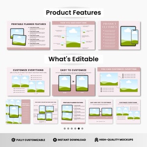 May include: A pink and white digital product mockup template with a green landscape and clouds. The template is customizable and includes features like printable planner features, easy to customize, and high-quality mockups.