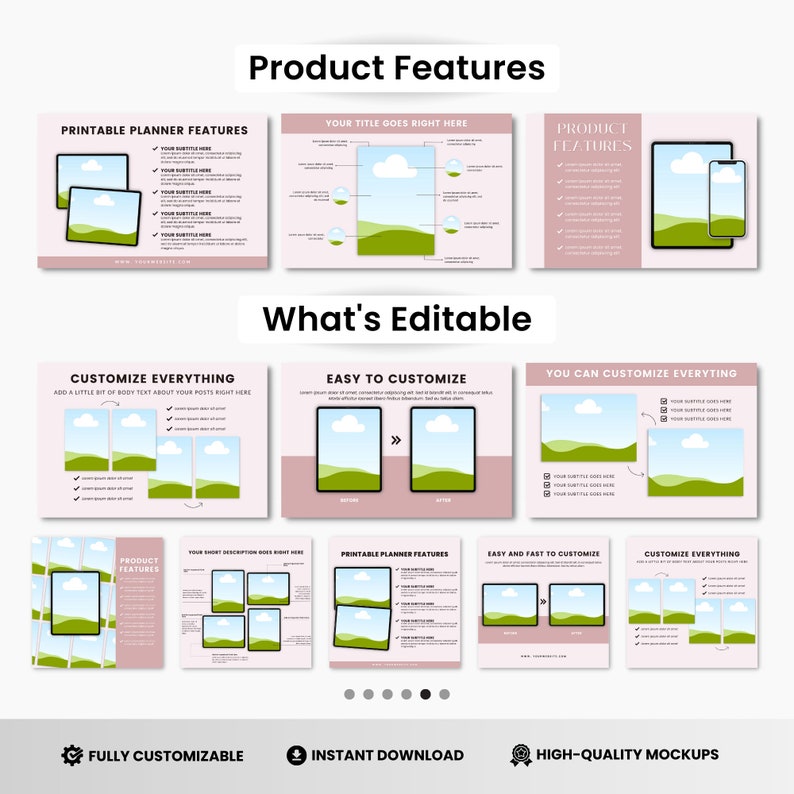 May include: A pink and white digital product mockup template with a green landscape and clouds. The template is customizable and includes features like printable planner features, easy to customize, and high-quality mockups.