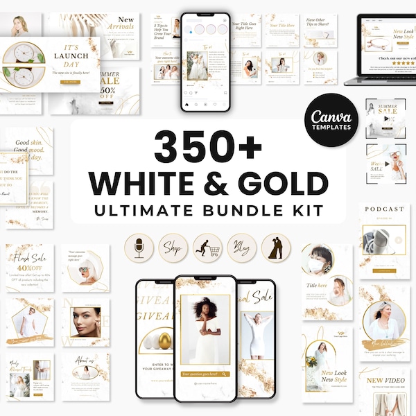 White & Gold Social Media Templates Bundle Kit, Canva Templates Bundle, Luxury Social Media Templates, Content Creator Social Media Branding