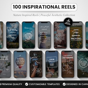 Puede incluir: Un producto digital con 100 plantillas de reels inspiradores. Las plantillas tienen un tema inspirado en la naturaleza y una estética pacífica. La imagen muestra varias pantallas de teléfono con superposiciones de texto, incluyendo "How to Maintain Balance in Your Life."