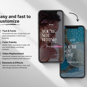 May include: Two smartphones display inspirational text: "YOU'RE NOT BEHIND" and "YOU'RE NOT LOST." The phones are on a white surface, with text describing customization options: text and fonts, color palette, video replacement, and elements and effects. The text is in black and white with pink and blue accents.