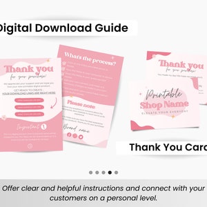 May include: Pink and white digital download guide with instructions on how to download a digital product. The guide includes a thank you card with the text "Thank you for your purchase!" and the text "Printable Shop Name Elevate Your Everyday".