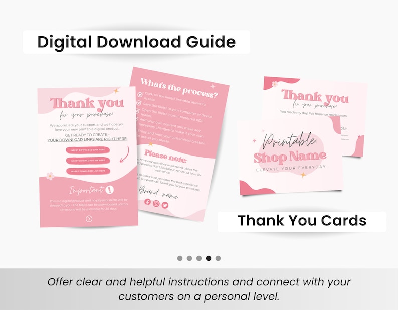 May include: Pink and white digital download guide with instructions on how to download a digital product. The guide includes a thank you card with the text "Thank you for your purchase!" and the text "Printable Shop Name Elevate Your Everyday".