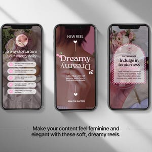 May include: Three phone screens with pink and white text on a white background. The first screen says "5 ways to nurture your energy daily" and lists five tips. The second screen says "Dreamy Aura" and has a pink heart. The third screen says "Soft Moments Indulge in tenderness" and has a pink heart.