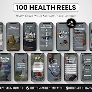100 Health Coach Instagram Reels Templates, Editable Canva Health Content, Neutral Aesthetic Social Media Reels for Healthcare Professionals