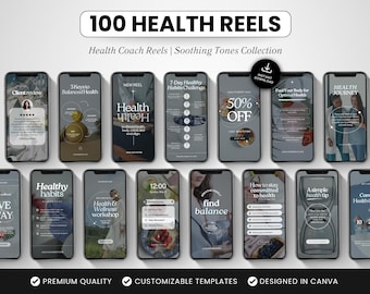100 Health Coach Instagram Reels Templates, Editable Canva Health Content, Neutral Aesthetic Social Media Reels for Healthcare Professionals