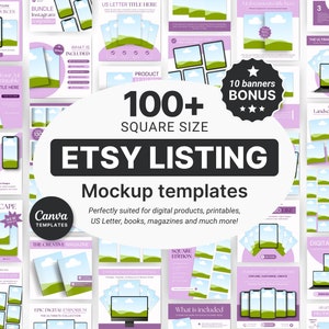 Etsy Digital Listing Mockups Purple, Etsy Listing Templates for Digital Products, Etsy Square Listings Canva, Digital Product Mockups Bundle