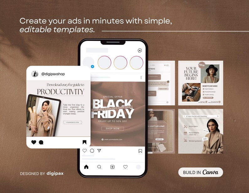 Op de afbeelding: Een smartphone toont social media-sjablonen met de tekst 'Maak uw advertenties in minuten met eenvoudige, bewerkbare sjablonen'. Het scherm toont een Black Friday-advertentie en andere promotionele afbeeldingen. Het ontwerp bevat de tekst 'digipax' en 'Build in Canva'.