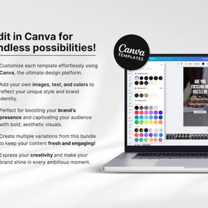 May include: A laptop computer displaying a Canva design template with the text "Are you focusing on hustle or building?" The template is a social media post with a white background and black text. The laptop is open and the screen is showing the Canva design platform.