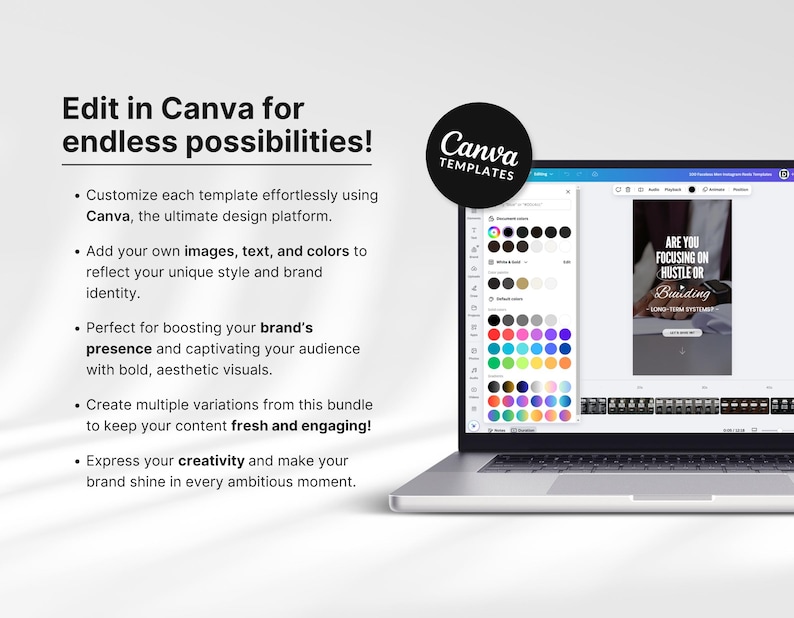 May include: A laptop computer displaying a Canva design template with the text "Are you focusing on hustle or building?" The template is a social media post with a white background and black text. The laptop is open and the screen is showing the Canva design platform.