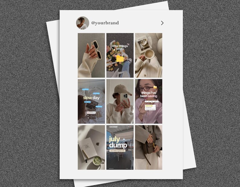 Puede incluir: Una cuadr&iacute;cula de perfil de redes sociales que presenta nueve im&aacute;genes cuadradas distintas con una paleta de colores neutros. La cuadr&iacute;cula muestra varias escenas de estilo de vida que incluyen caf&eacute;, ropa, accesorios y superposiciones de texto como little things lately, slow day, things I've been saving y july dump.