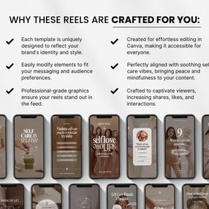 May include: A collection of nine Instagram reel templates for self-care and wellness. The templates feature a variety of designs, including a green smoothie, a heart, and a checklist. The text on the templates includes phrases like "Self-care is selfish", "Ways to cultivate inner peace", and "How to build your self-care routine".