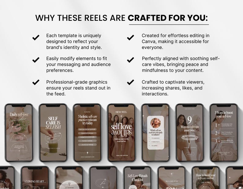 May include: A collection of nine Instagram reel templates for self-care and wellness. The templates feature a variety of designs, including a green smoothie, a heart, and a checklist. The text on the templates includes phrases like "Self-care is selfish", "Ways to cultivate inner peace", and "How to build your self-care routine".