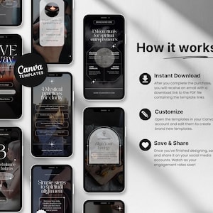 May include: A collection of black smartphones displaying Canva templates for spiritual entrepreneurs. The phones showcase various designs with text like "GIVE away", "4 Mystical practices for clarity", and "Align Your Energy". The image also includes the text "How it works".