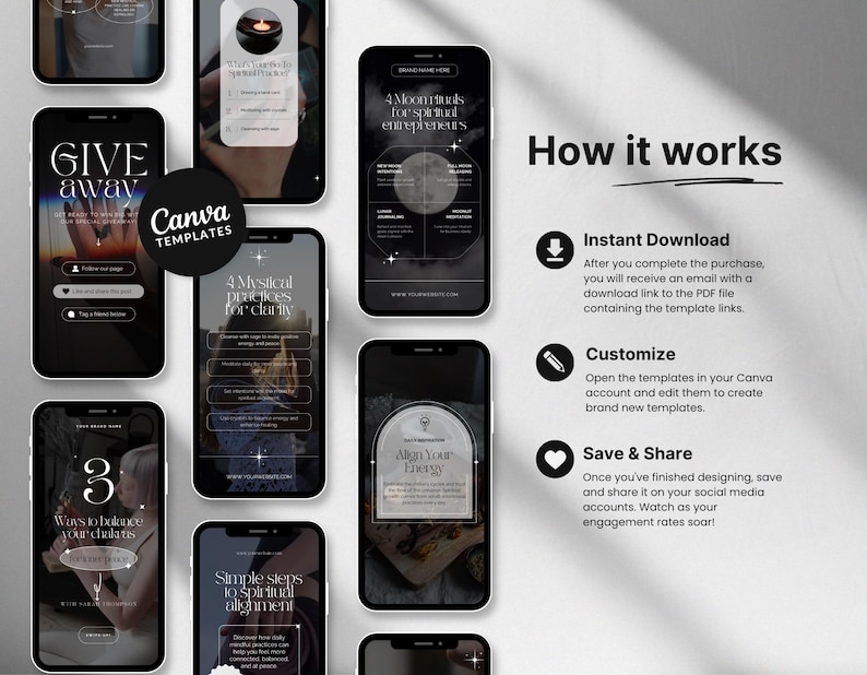 May include: A collection of black smartphones displaying Canva templates for spiritual entrepreneurs. The phones showcase various designs with text like "GIVE away", "4 Mystical practices for clarity", and "Align Your Energy". The image also includes the text "How it works".