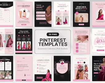 Peut inclure: Une collection de trente modèles Pinterest pour le commerce électronique avec une palette de couleurs rose et noir. Les designs incluent diverses mises en page avec du texte, des photos de produits et des images de mode, organisées en grille.