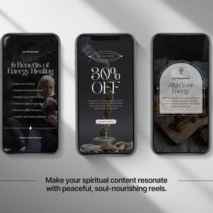 May include: Three smartphones displaying content related to energy healing and spiritual practices. The first screen reads "6 Benefits of Energy Healing." The second screen shows "30% OFF." The third screen says "Align Your Energy."