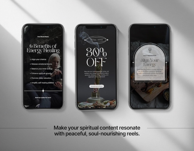 May include: Three smartphones displaying content related to energy healing and spiritual practices. The first screen reads "6 Benefits of Energy Healing." The second screen shows "30% OFF." The third screen says "Align Your Energy."