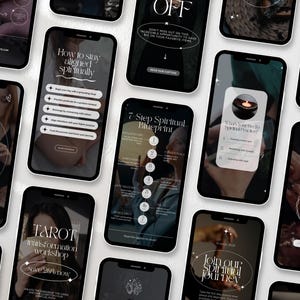 May include: A collection of smartphones displaying spiritual and wellness content. The screens feature text like "How to stay aligned spiritually," "7-Step Spiritual Blueprint," and "Tarot transformation workshop." The overall aesthetic is minimalist with a dark, elegant color scheme.