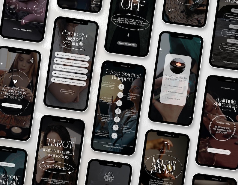 May include: A collection of smartphones displaying spiritual and wellness content. The screens feature text like "How to stay aligned spiritually," "7-Step Spiritual Blueprint," and "Tarot transformation workshop." The overall aesthetic is minimalist with a dark, elegant color scheme.