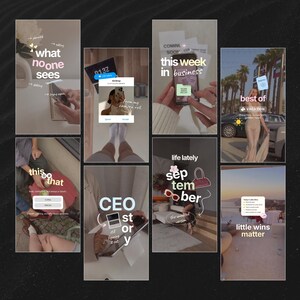 Puede incluir: Un collage digital de ocho plantillas verticales para historias de redes sociales que muestran diversas escenas de estilo de vida con textos superpuestos como "what no one sees", "this week in business", "best of vacation" y "little wins matter".