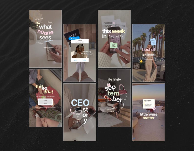 Puede incluir: Un collage digital de ocho plantillas verticales para historias de redes sociales que muestran diversas escenas de estilo de vida con textos superpuestos como "what no one sees", "this week in business", "best of vacation" y "little wins matter".
