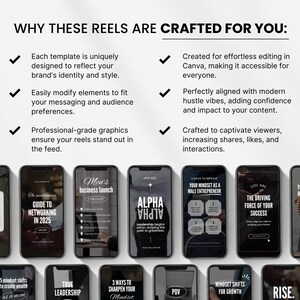 May include: A collage of nine different Instagram reel templates for social media marketing. Each template features a black and white design with text overlays. The text includes topics such as networking, business launch, leadership, mindset, and success.