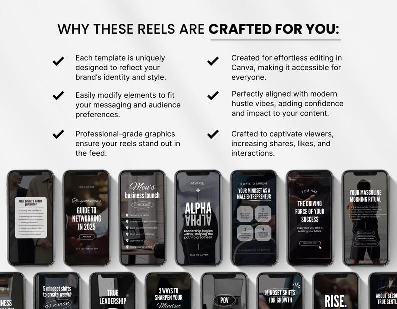 May include: A collage of nine different Instagram reel templates for social media marketing. Each template features a black and white design with text overlays. The text includes topics such as networking, business launch, leadership, mindset, and success.