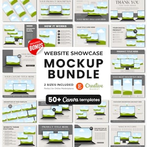Website Showcase Mockup Canva Templates Bundle, Etsy Listing Template Website Mockup, Laptop Mockup Canva Templates, Landing Page Mockups