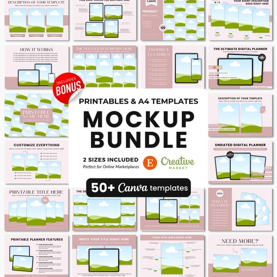 Printables Mockup Listing Templates, Etsy Listing Template Printables, A4 Planner Mockup Templates, Digital Product Mockups, Ebook Mockup