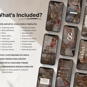 May include: Aesthetic coach reels templates displayed on multiple smartphones. The screens feature text and graphics with phrases like "Goal Getter", "8 Signs You're Ready", and "Mindset". The image also includes a list of included items and features.