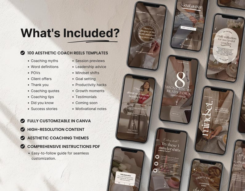 May include: Aesthetic coach reels templates displayed on multiple smartphones. The screens feature text and graphics with phrases like "Goal Getter", "8 Signs You're Ready", and "Mindset". The image also includes a list of included items and features.