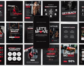 Kit de plantillas de Instagram para fitness, plantilla de Canva para entrenador de fitness rojo y negro, kit de marca para redes sociales para entrenadores, publicaciones e historias.