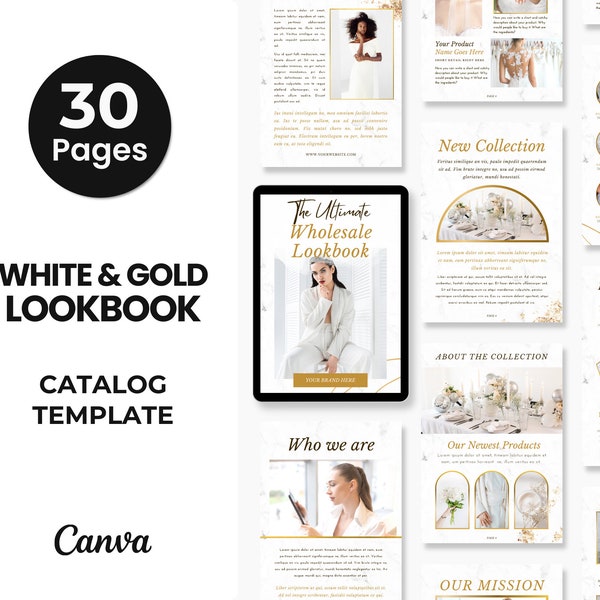 White & Gold Produkt Katalog Vorlage Canva, Verkäufer Lookbook Canva Vorlage, Hochzeit Ebook Vorlage White Marble, Luxus Katalog Ebook