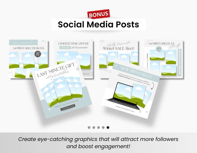 May include: Social media post templates featuring a blue sky, green hills, and white clouds. The text on the templates includes "Last Minute Gift", "New Printables", "Limited Time Offer", and "Winter Sale Alert!"