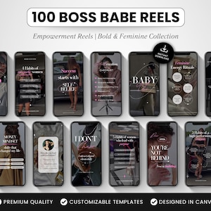 Puede incluir: Una serie de pantallas de teléfonos inteligentes que muestran plantillas para reels de redes sociales. El texto incluye "100 BOSS BABE REELS", "Empowerment Reels", y frases como "35% OFF", "Money Mindset", y "You're Not Behind". El diseño es audaz y femenino.