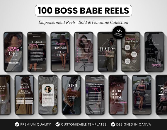 100 Boss Babe Reels Templates, Canva Female Entrepreneur Instagram Reels, Girl Boss Social Media Reel Videos for Women in Business
