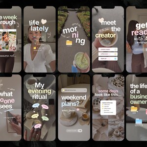 Puede incluir: Una colecci&oacute;n de diez dise&ntilde;os de pantalla de tel&eacute;fono inteligente con plantillas de historias para redes sociales en tonos neutros, superposiciones de texto blanco e iconos variados como carpetas, burbujas de di&aacute;logo y listas.