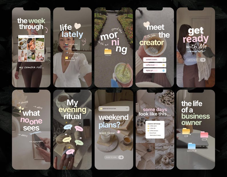 Puede incluir: Una colecci&oacute;n de diez dise&ntilde;os de pantalla de tel&eacute;fono inteligente con plantillas de historias para redes sociales en tonos neutros, superposiciones de texto blanco e iconos variados como carpetas, burbujas de di&aacute;logo y listas.