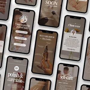 May include: A collage of nine phone screens showcasing various self-care tips and products. The screens feature text such as "5 ways to practice gratitude daily", "Self-care serum", "Client review", "Daily self-love affirmations", and "Polish & care sale".