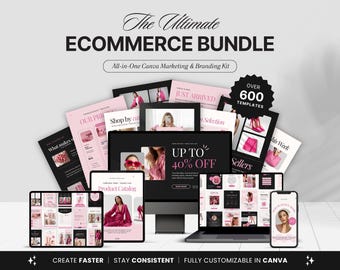 Peut inclure: Un kit de marketing et de branding numérique pour le commerce électronique comprenant plus de 600 modèles Canva affichés sur un écran d'ordinateur, une tablette et un smartphone. Le design utilise une palette de noir, blanc et rose avec le texte The Ultimate ECOMMERCE BUNDLE, UP TO 40% OFF et Product Catalog.