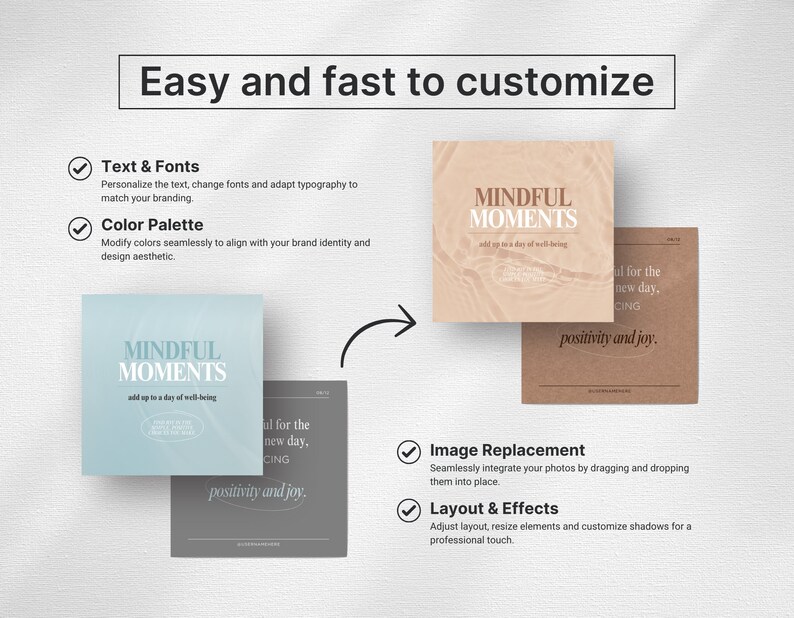 May include: An image showcasing design customization options. The text "Easy and fast to customize" is at the top. It features examples of text and font changes, color palette adjustments, image replacement, and layout effects. The words "MINDFUL MOMENTS" are displayed.