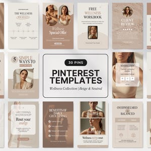 Könnte beinhalten: Eine Sammlung von 30 Pinterest-Vorlagen in Beige- und Neutraltönen. Die Vorlagen sind für Wellness-Inhalte konzipiert und enthalten Text und Bilder zu ganzheitlichem Wohlbefinden, Energie-Reset und täglichem Grounding. Die Vorlagen umfassen verschiedene Layouts und Designs.